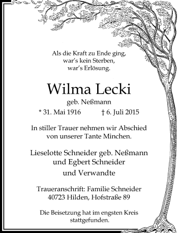 Todesanzeige von Wilma Lecki von Rheinische Post