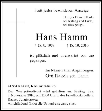 Todesanzeige von Hans Hamm von Rheinische Post
