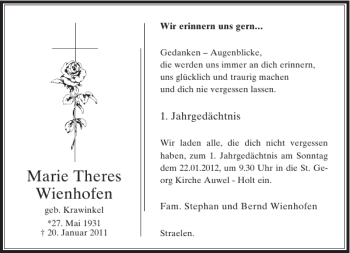 Todesanzeige von Maria Wienhofen von Rheinische Post