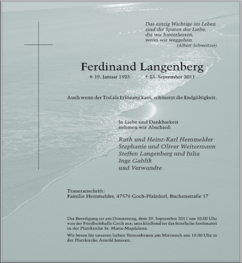 Todesanzeige von Ferdinand Langenberg von Rheinische Post
