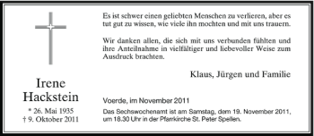 Todesanzeige von Irene Hackstein von Rheinische Post