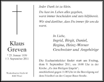 Todesanzeige von Klaus Greven von Rheinische Post