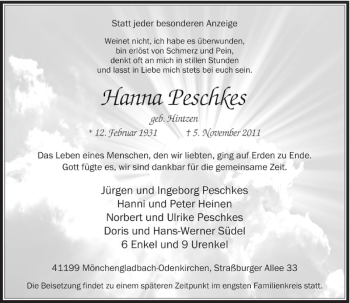 Todesanzeige von Hanna Peschkes von Rheinische Post