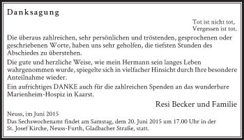Todesanzeige von Hermann Becker von Rheinische Post