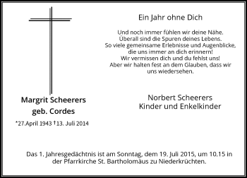 Todesanzeige von Margrit Scheerers von Rheinische Post