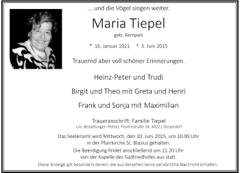 Todesanzeige von Maria Tiepel von Rheinische Post