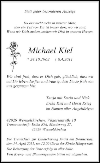 Todesanzeige von Michael Kiel von Rheinische Post