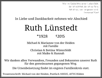 Todesanzeige von Ruth Lünstedt von Rheinische Post