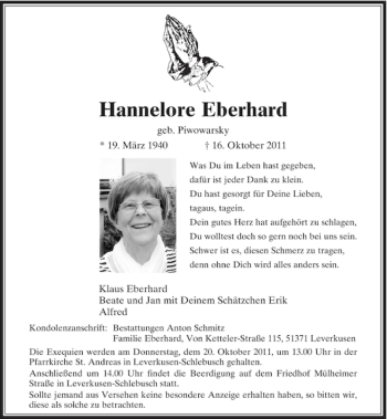 Todesanzeige von Hannelore Eberhard von Rheinische Post