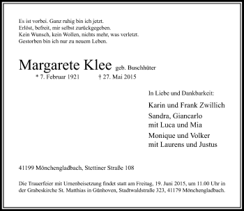 Todesanzeige von Margarete Klee von Rheinische Post