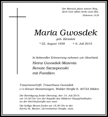 Todesanzeige von Maria Gwosdek von Rheinische Post
