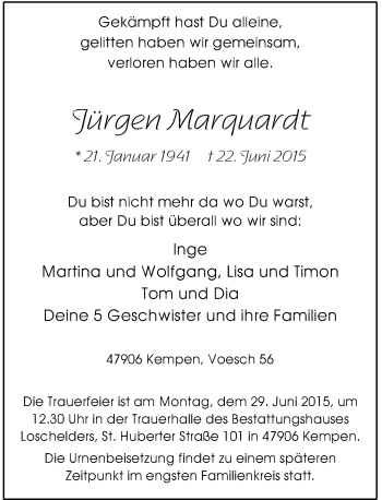 Todesanzeige von Jürgen Marquardt von Rheinische Post