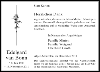 Todesanzeige von Edelgard van Bonn von Rheinische Post