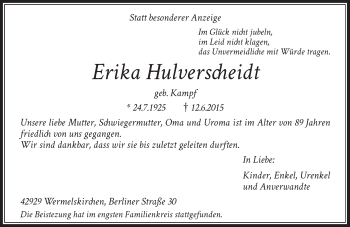 Todesanzeige von Erika Hulverscheidt von Rheinische Post