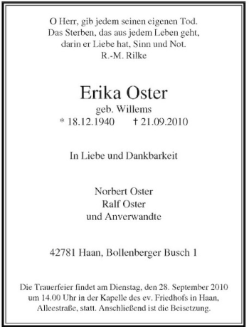 Todesanzeige von Erika Oster von Rheinische Post