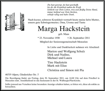 Todesanzeige von Marga Hackstein von Rheinische Post