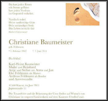 Todesanzeige von Christiane Baumeister von Rheinische Post