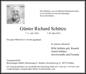 Todesanzeige von Günter Richard Schütze von Rheinische Post