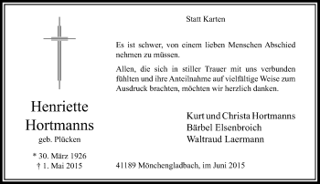 Todesanzeige von Henriette Hortmanns von Rheinische Post