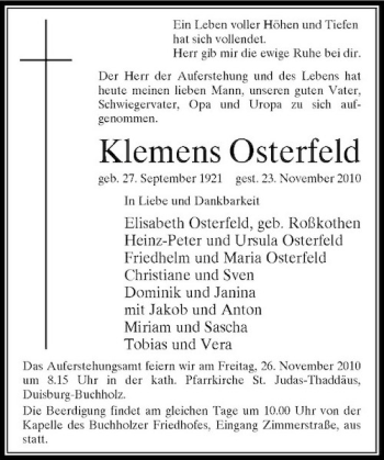 Todesanzeige von Klemens Osterfeld von Rheinische Post