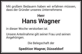 Todesanzeige von Hans Wagner von Rheinische Post