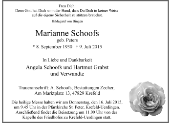 Todesanzeige von Marianne Schoofs von Rheinische Post