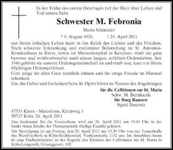 Todesanzeige von In In der Frühe des ersten Ostertages rief der Herr über Leben und Tod unsere liebe von Rheinische Post