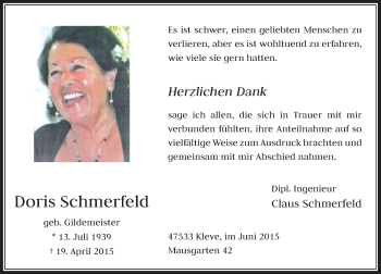 Todesanzeige von Doris Schmerfeld von Rheinische Post