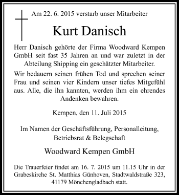 Todesanzeige von Kurt Danisch von Rheinische Post