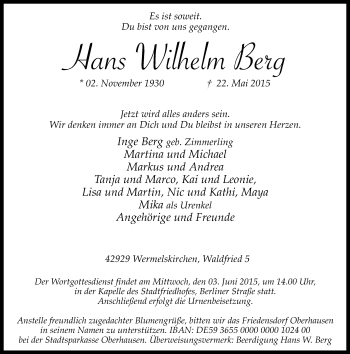 Todesanzeige von Hans Wilhelm Berg von Rheinische Post