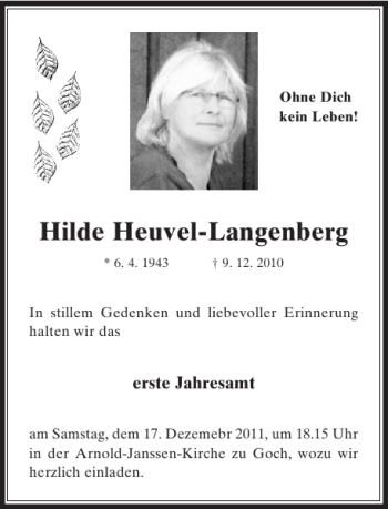Todesanzeige von Hilde Heuvel-Langenberg von Rheinische Post