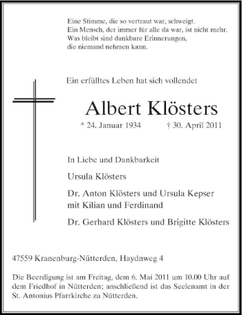 Todesanzeige von Albert Klösters von Rheinische Post