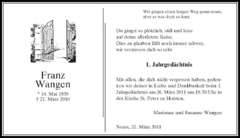 Todesanzeige von Franz Wangen von Rheinische Post