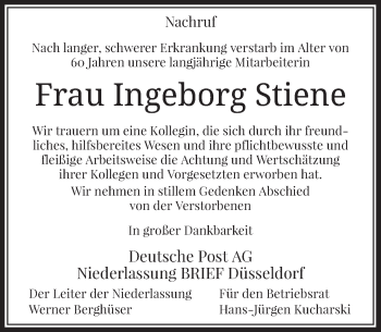 Todesanzeige von Ingeborg Stiene von Rheinische Post