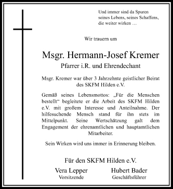 Todesanzeige von Hermann-Josef Kremer von Rheinische Post