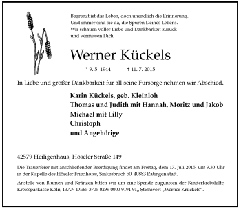 Todesanzeige von Werner Kückels von Rheinische Post