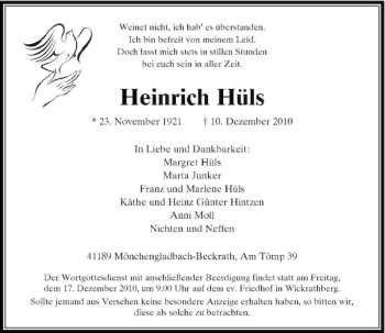 Todesanzeige von Heinrich Hüls von Rheinische Post