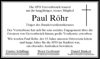 Todesanzeige von Die SPD Grevenbroich trauert um ihr langjähriges treues Mitglied von Rheinische Post