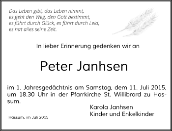 Todesanzeige von Peter Janhsen von Rheinische Post
