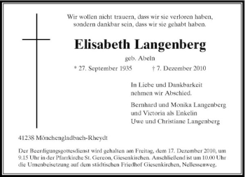 Todesanzeige von Elisabeth Langenberg von Rheinische Post
