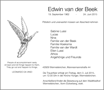 Todesanzeige von Edwin van der Beek von Rheinische Post