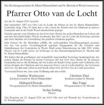 Todesanzeige von Die Die Kirchengemeinden St. Mariä Himmelfahrt und St. Martini in Wesel trauern um von Rheinische Post