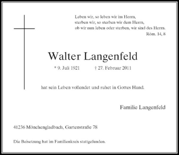 Todesanzeige von Walter Langenfeld von Rheinische Post