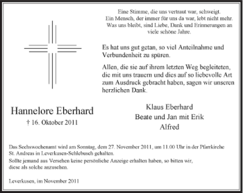 Todesanzeige von Hannelore Eberhard von Rheinische Post