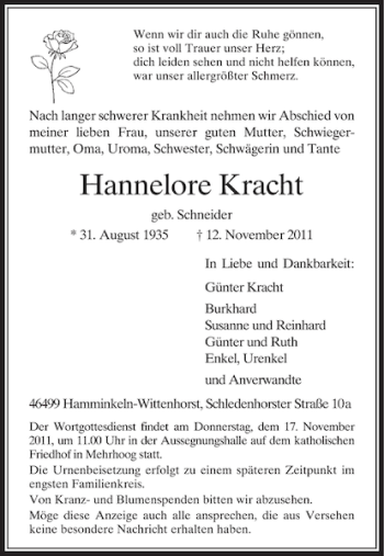 Todesanzeige von Hannelore Kracht von Rheinische Post