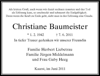 Todesanzeige von Christiane Baumeister von Rheinische Post