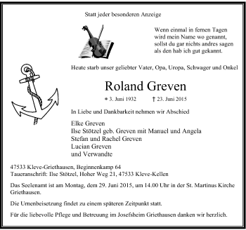 Todesanzeige von Roland Greven von Rheinische Post