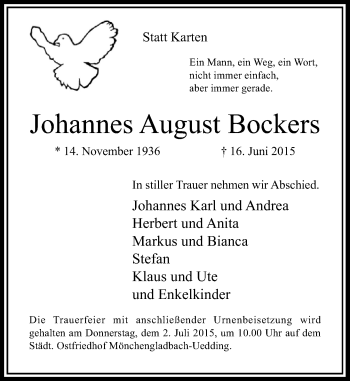 Todesanzeige von Johannes August Bockers von Rheinische Post