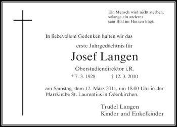 Todesanzeige von Josef Langen von Rheinische Post