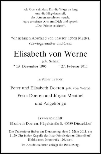 Todesanzeige von Elisabeth von Werne von Rheinische Post